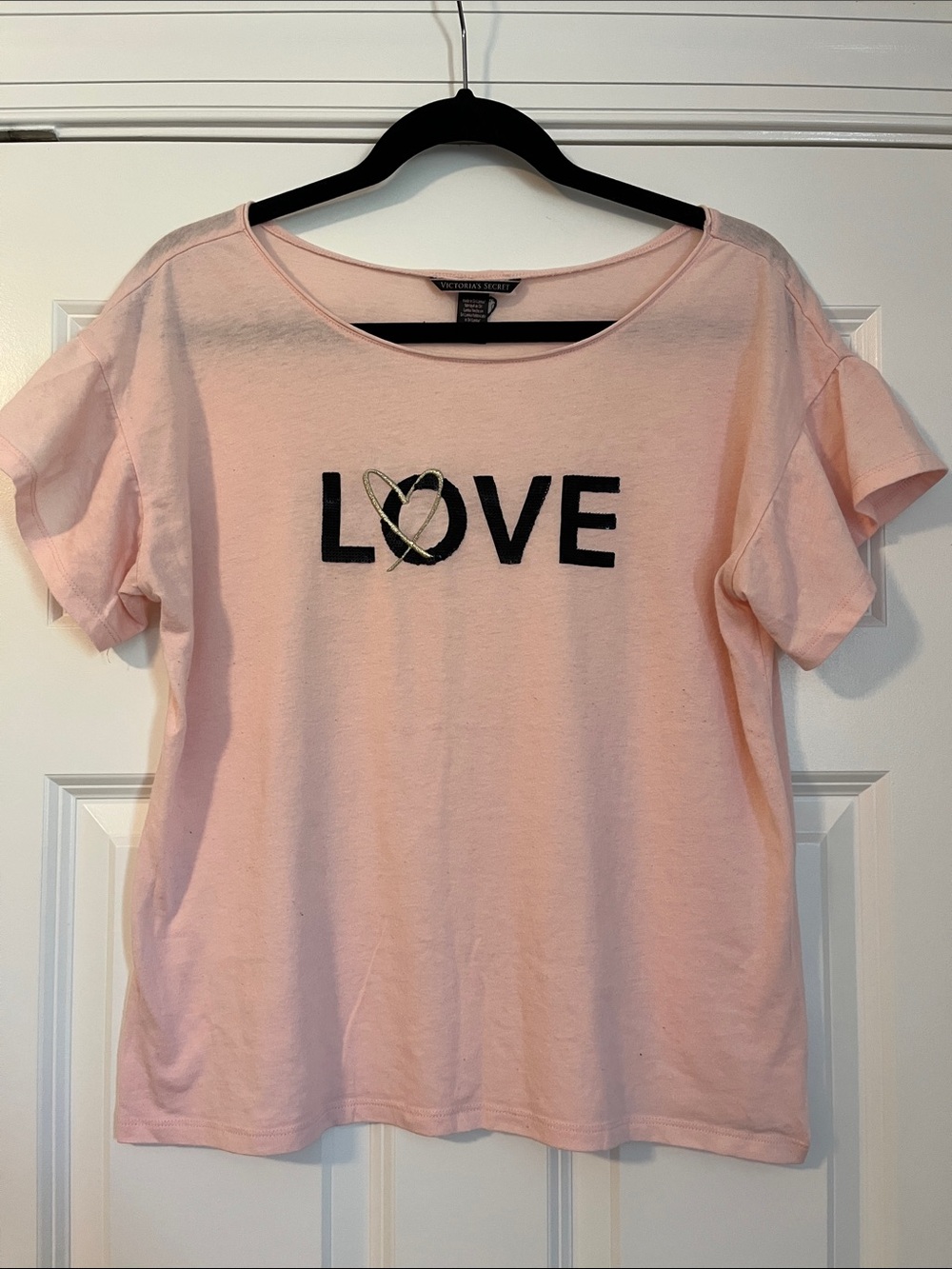 Victoria's Secret Light Pink "LOVE" Sequin Short Sleeve Tee Shirt - Size Medium